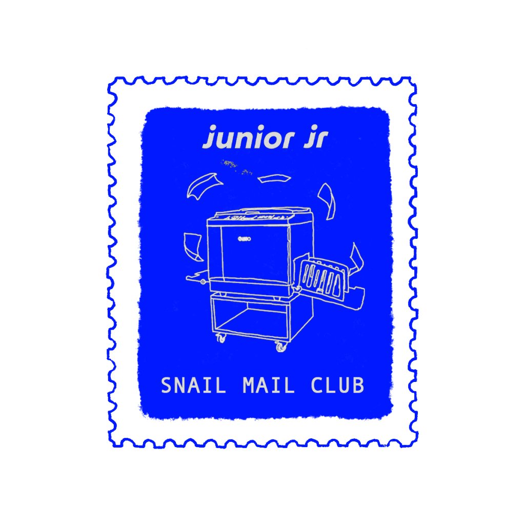 illustration in blue of a riso machine on a stamp riso print of the month club